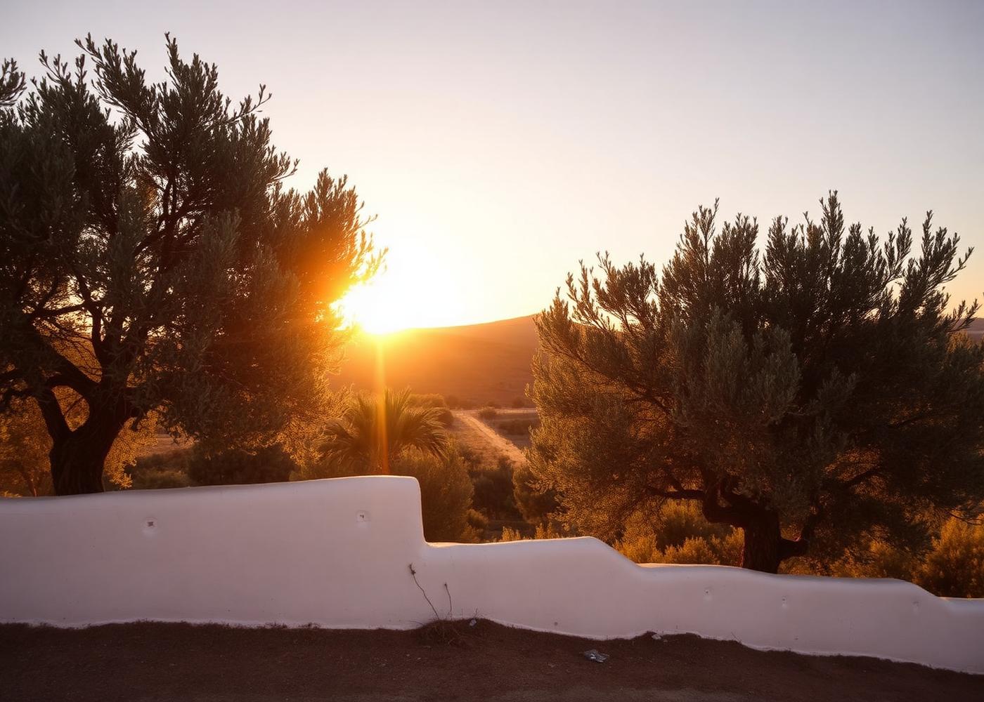 Olive trees and Ibiza landscape at golden hour